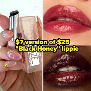 Close-up of Maybelline Superstay Shiny Lip Gloss tube and glossy lips. Text highlights $7 alternative to $25 "Black Honey" lipstick, Acai Glaze shown