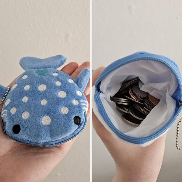 Small plush coin purse shaped like a fish, shown closed on the left and open with coins inside on the right