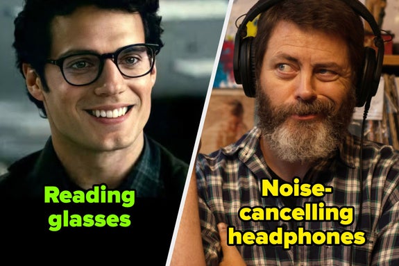 Smiling man in glasses labeled "Reading glasses" and bearded man with headphones labeled "Noise-cancelling headphones."