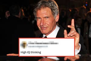 Man in suit at event gesturing with fingers. Comment reads "High IQ thinking."