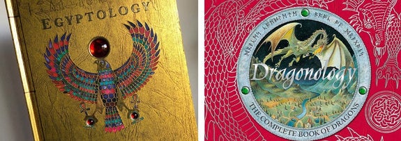 Left: The cover of Egyptology which features Horus the sun god and a ruby red gem; Right: The cover of Dragonology which features a red background with an embossed dragon and an inner circle featuring another dragon