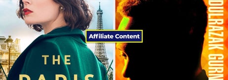 Two book covers. Left: "The Paris Dancer," tagline: "In the city of light, she was a beacon of hope." Right: "Theft" by Abdulrazak Gurnah