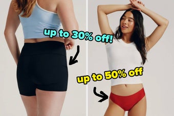 Two models showcasing clothing sales: one in a cardigan and shorts with 30% off, and another in a swimsuit with 50% off