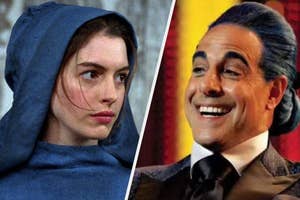 Two side-by-side images: a woman in medieval-style clothing with a hood, and a man in formal wear, smiling with slicked-back hair