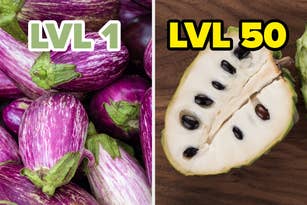 Left: Small eggplants; Right: Sliced cherimoya with seeds. Text overlay: "LVL 1" on eggplants and "LVL 50" on cherimoya