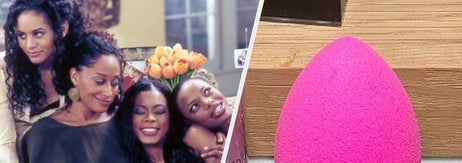 TV show scene with three women relaxing on a couch. Right: pink makeup sponge displayed on a wooden surface